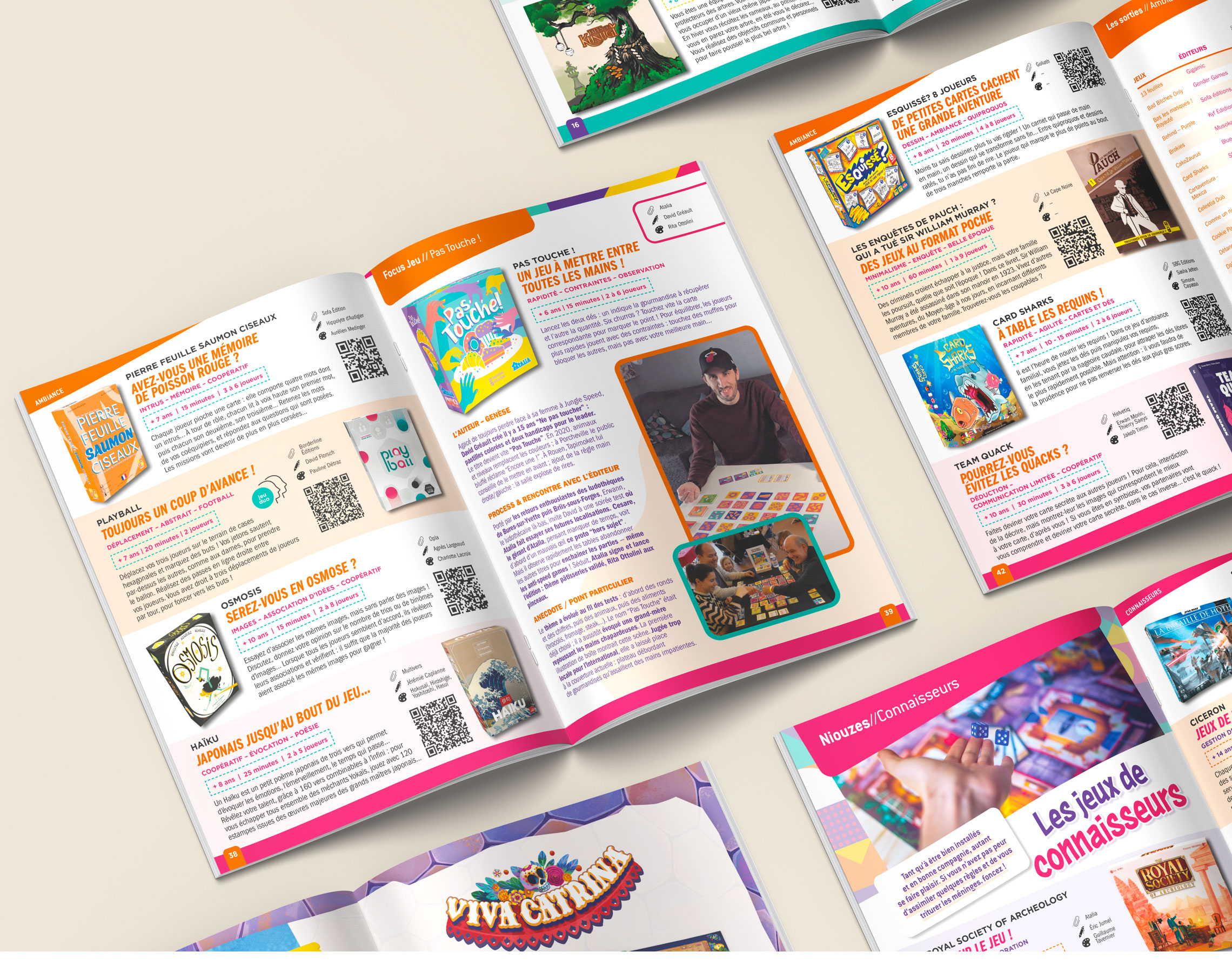 Double-page intérieure avec un focus spécial sur le jeu de société Pas touche de l'éditeur Atalia.