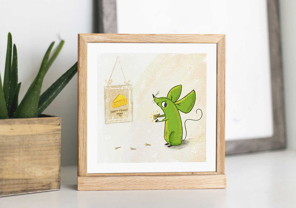 Illustration d'une souris verte qui a volé une part de fromage.