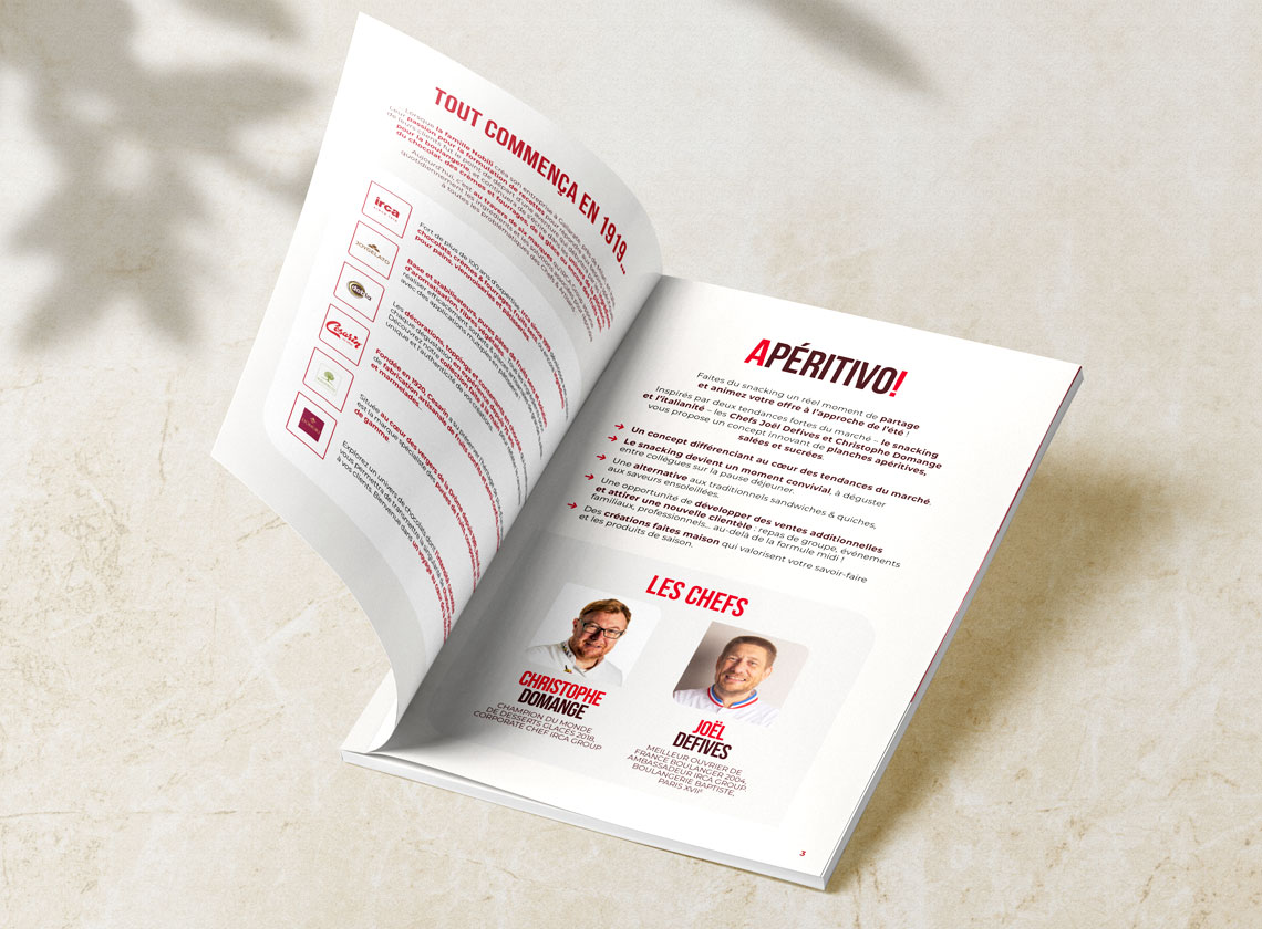 Double page intérieure du livret Apéritivo présentant l’introduction du projet et la page de présentation des chefs Christophe Domange et Joël Defives.