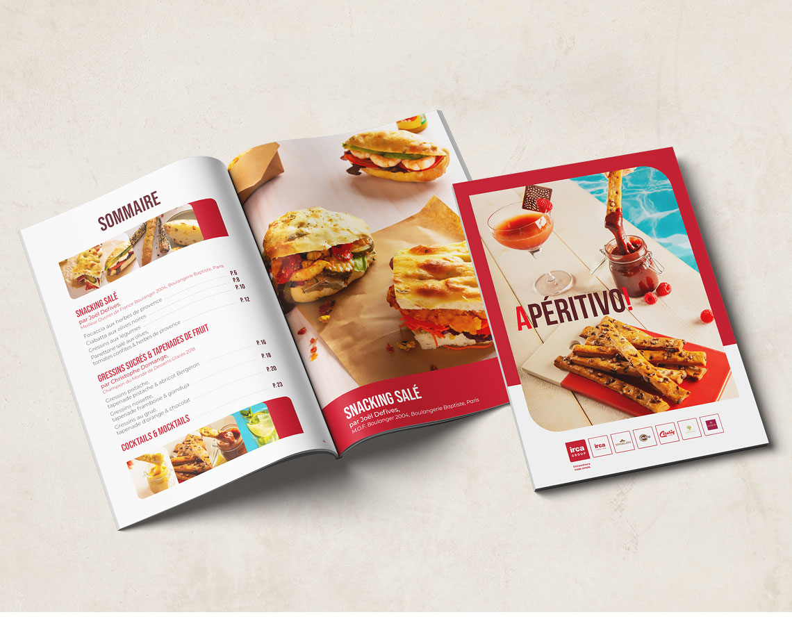 Vue d’ensemble du livret Apéritivo ouvert avec le sommaire, une double page snacking salé et la couverture du livret.