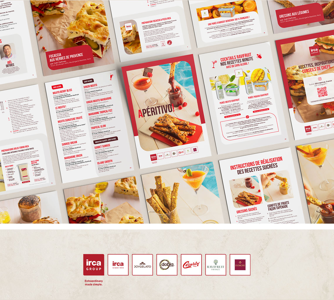 Vue d’ensemble de plusieurs pages du livret Apéritivo pour Irca Group, avec couverture, recettes, cocktails, photographies culinaires, etc.
