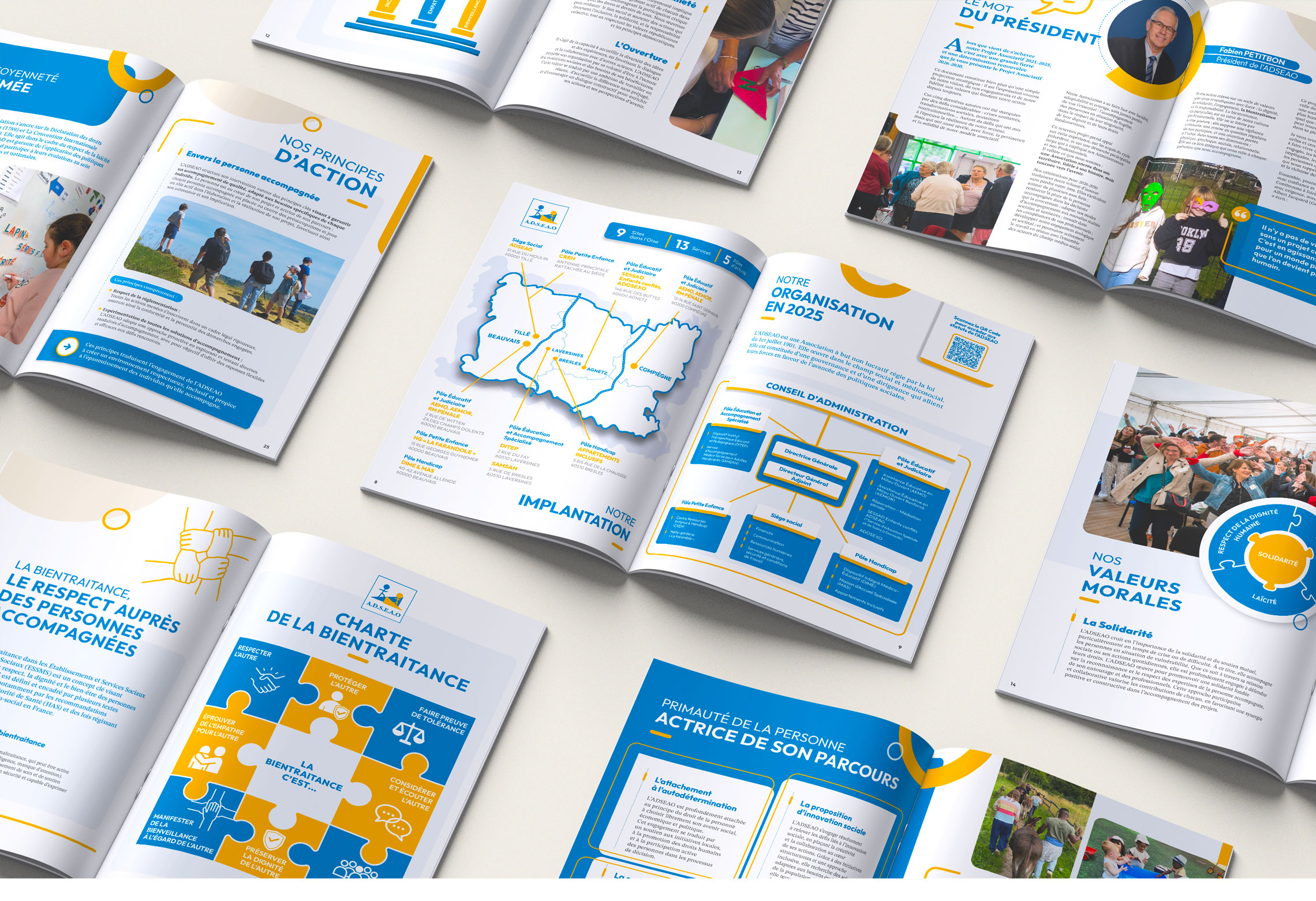 Vue d'ensemble de plusieurs doubles pages du Projet Associatif mettant en avant la direction artistique, les infographies, les schémas et la mise en page.