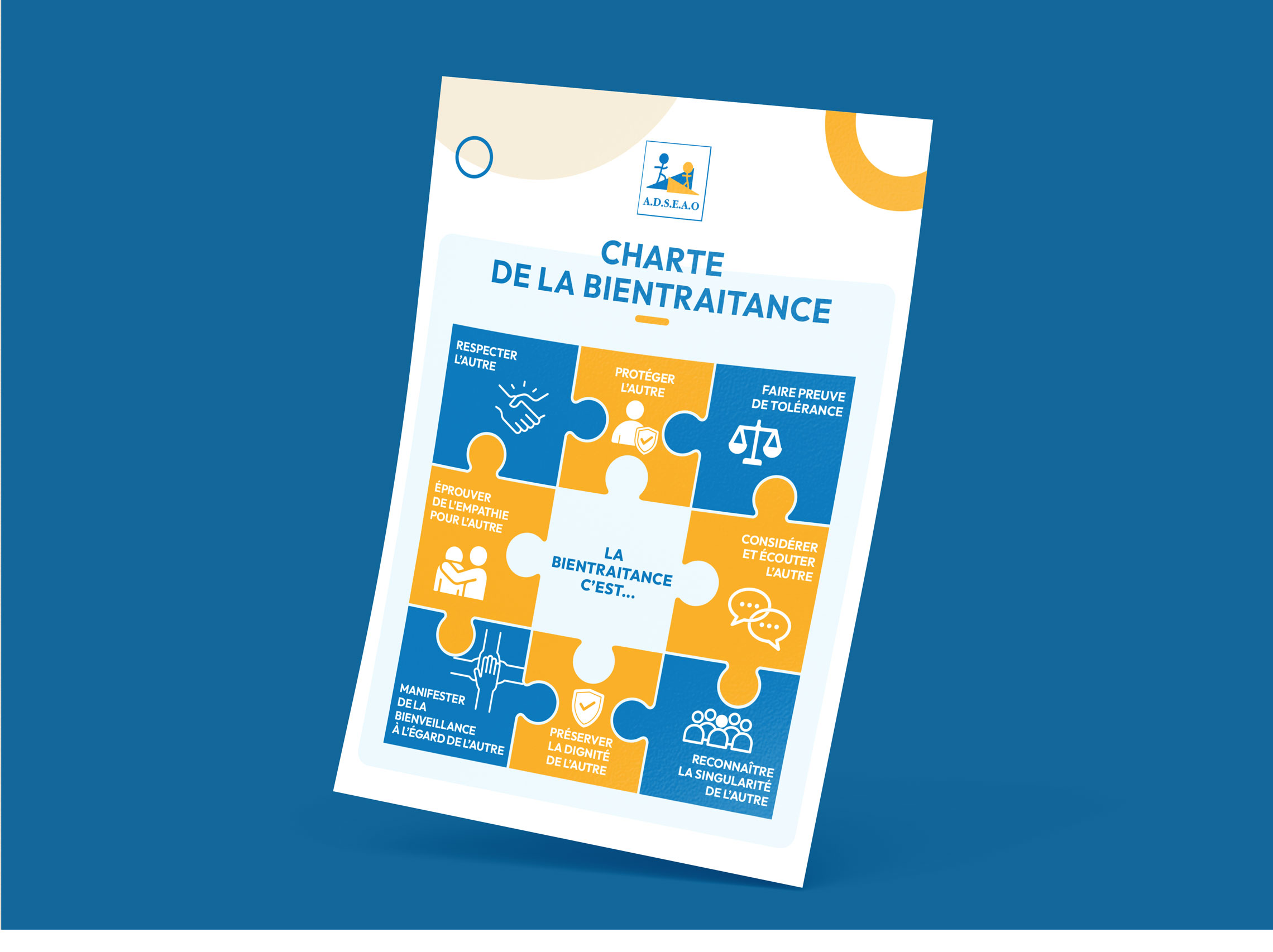 Mise en page de la Charte de la bientraitance réalisée pour l'ADSEAO sous forme d'une infographie illustrée.