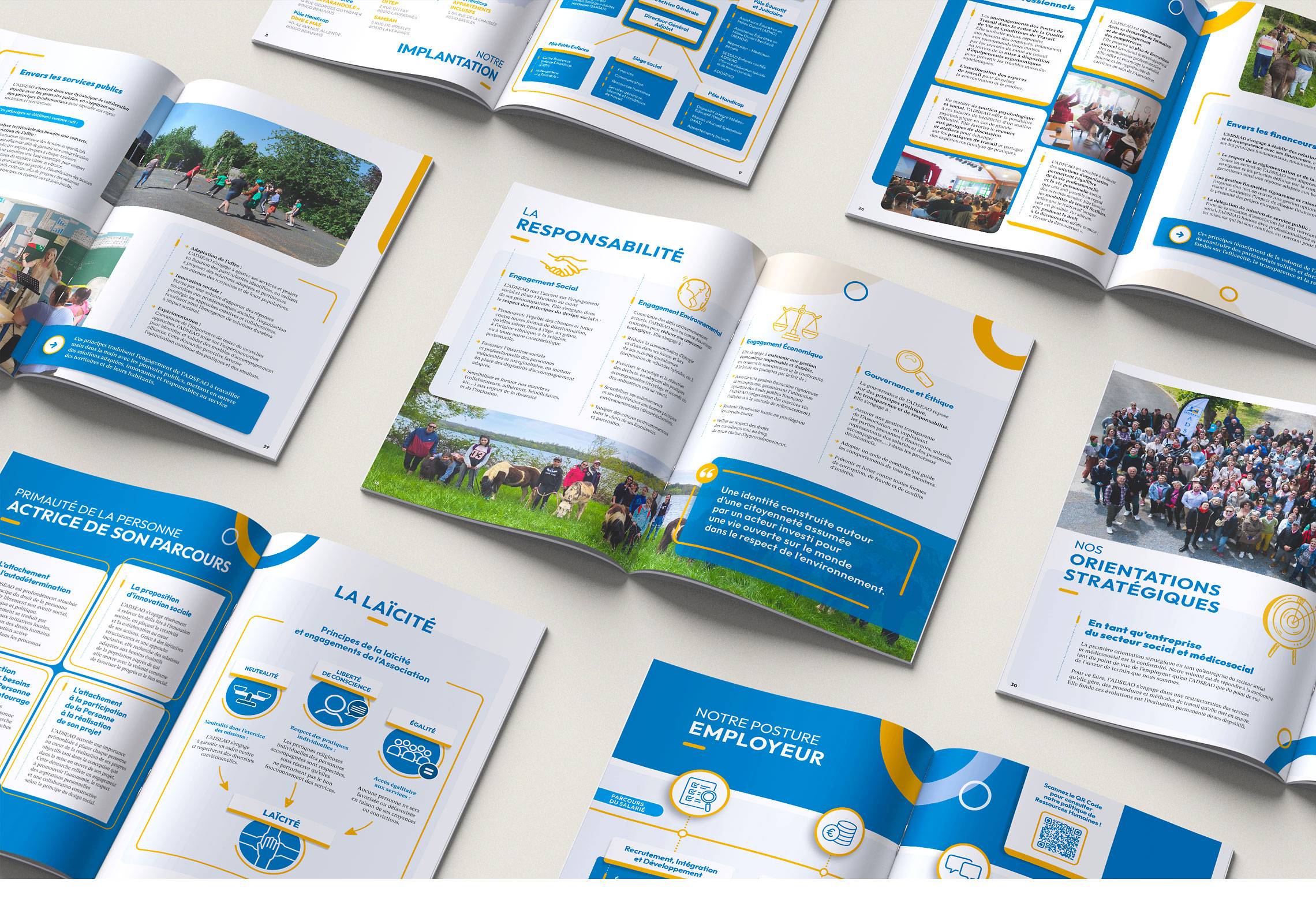 Sélection de doubles pages du Projet Associatif présentant les valeurs, les responsabilités, les orientations stratégiques et la posture employeur de l'Association.
