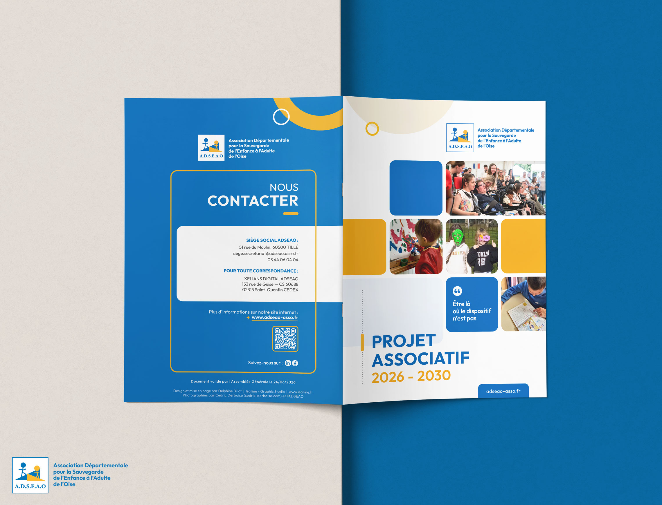Vue de la couverture recto verso du Projet Associatif avec les informations de contact de l'association.