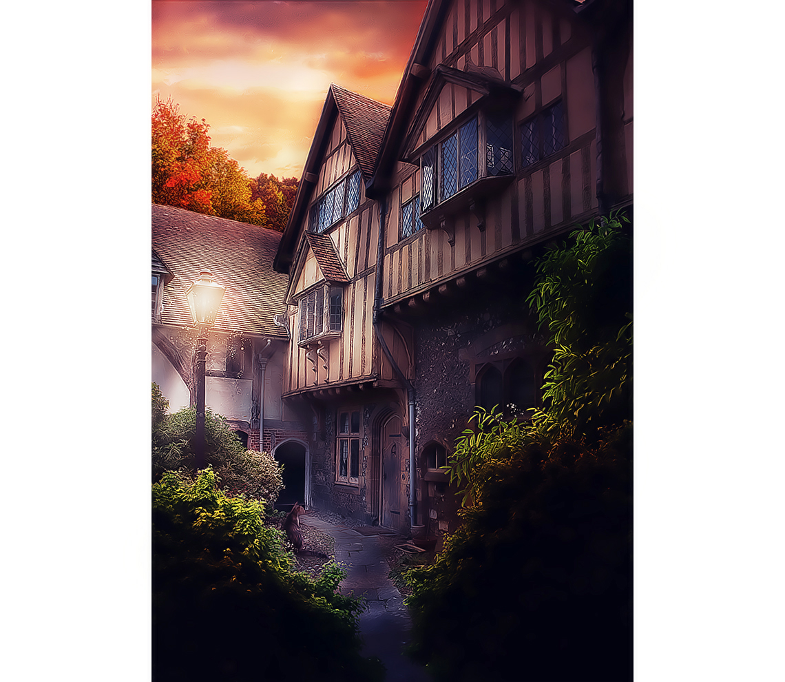 Illustration numérique d'une maison de sorcier avec un ciel orangé et un chat installé devant la demeure.