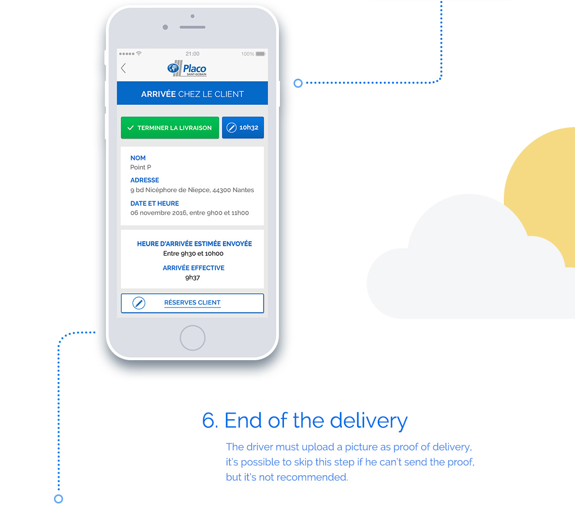 On the delivery site: The transporter can write a new customer reservation, register his departure time from the customer site, or enter a specific arrival time on the customer site.